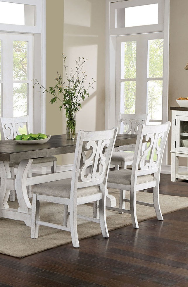 Lavish Design Distressed White 2pcs Dining Chairs Only, Gray Padded Fabric Seat Dining Room Kitchen Furniture Solid wood decorative Back
