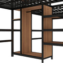 Twin Over Twin Metal Loft Bed with Double Desk and Wardrobe and Shelves with Electrical Outlet for Space Saving and Noise Reduction, woodgrain