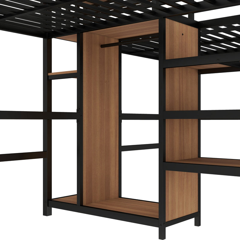 Twin Over Twin Metal Loft Bed with Double Desk and Wardrobe and Shelves with Electrical Outlet for Space Saving and Noise Reduction, woodgrain