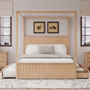 Queen Size Canopy Platform Bed With Trundle And 3 Storage Drawers, 4 Post, No Box Spring Needed - Natural by HouseOfZazla