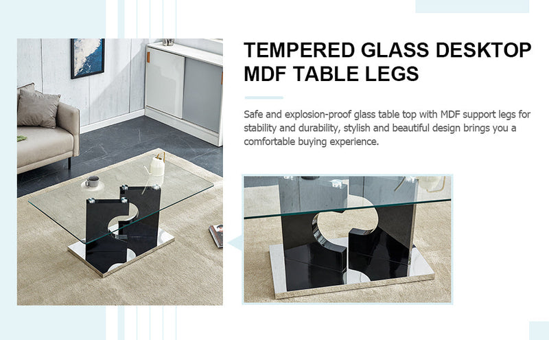 A rectangular modern and fashionable coffee table with tempered glass tabletop and black MDF legs. Suitable for living room.47.2"x25.5"x18"