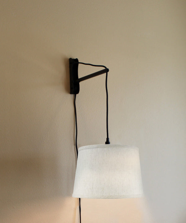 12"W MAST Plug-In Wall Mount Pendant 1 Light Black Cord/Arm Shallow Drum Textured Oatmeal Shade, photo 2 of 7