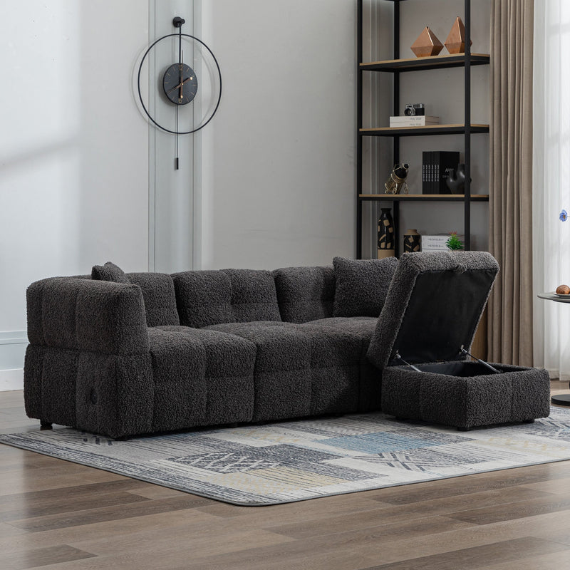 87.7" Sectional Sofa Cozy Teddy Fleece Fabric Sectional Sofa Couch with Two USB Ports a Movable Storage Ottoman and Two Lumbar Pillows for Living Room, Gray