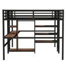 Twin Over Twin Metal Loft Bed with Double Desk and Wardrobe and Shelves with Electrical Outlet for Space Saving and Noise Reduction, woodgrain