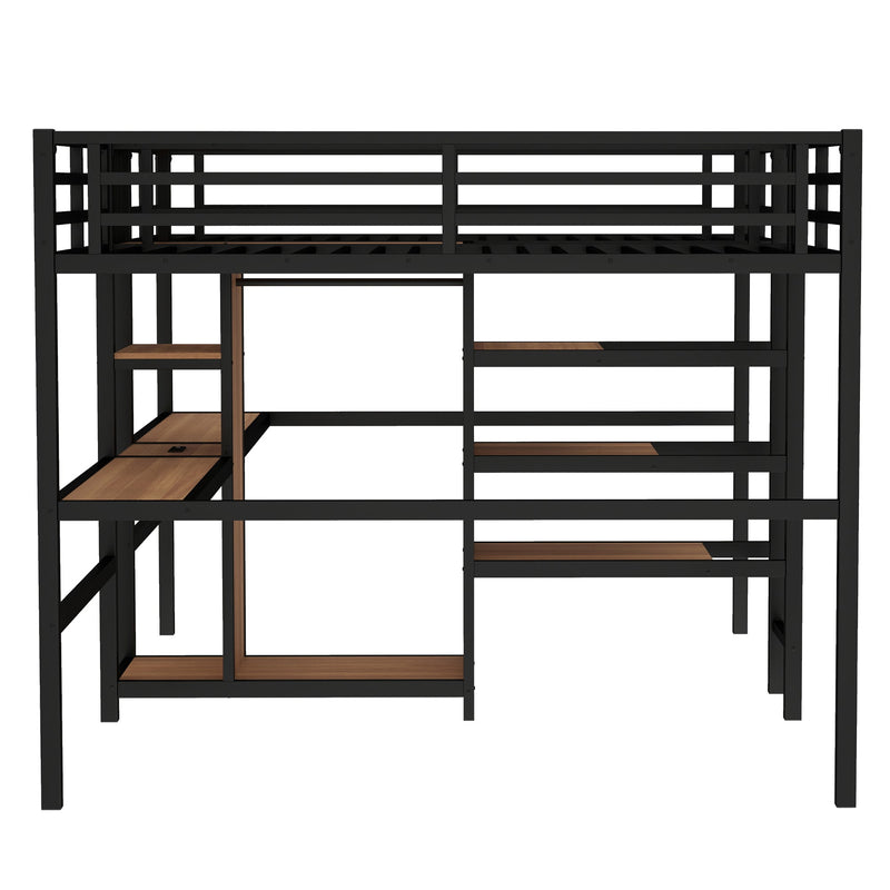 Twin Over Twin Metal Loft Bed with Double Desk and Wardrobe and Shelves with Electrical Outlet for Space Saving and Noise Reduction, woodgrain