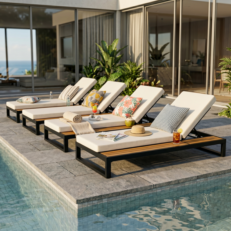 Black Iron & Teak Finish Chaise Lounge Set: 1 Frame + 1 2-Fold, photo 8 of 10