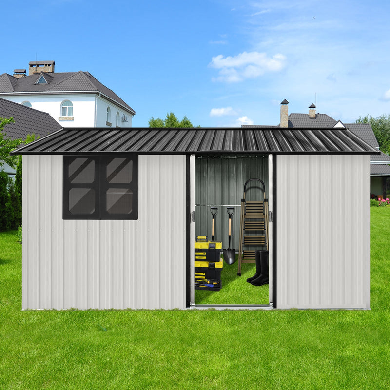Metal garden sheds 12ftx10ft outdoor storage sheds white+black with window with sliding door