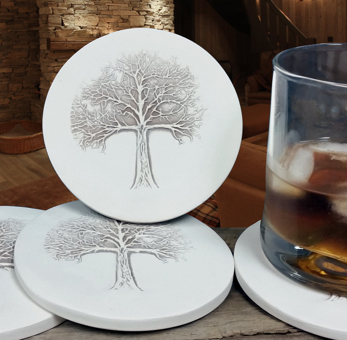 Tree  Drink Coasters, installed in a room