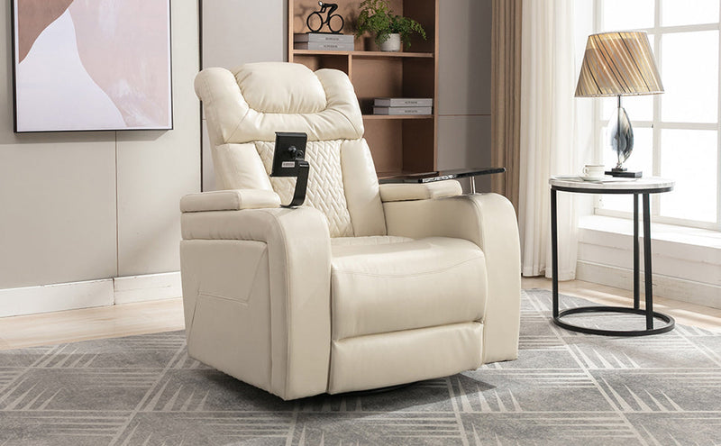 270 Degree Swivel PU Leather Power Recliner Individual Seat Home Theater Recliner with Comforable Backrest, Tray Table, Phone Holder, Cup Holder, USB Port, Hidden Arm Storage for Living Room, White