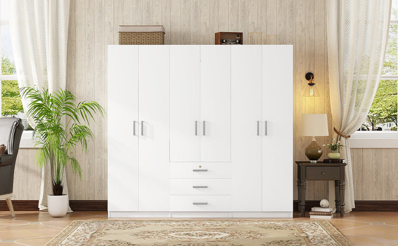 6-Doors Wooden Wardrobe Storage for Bedroom, with Big Drawers, White
