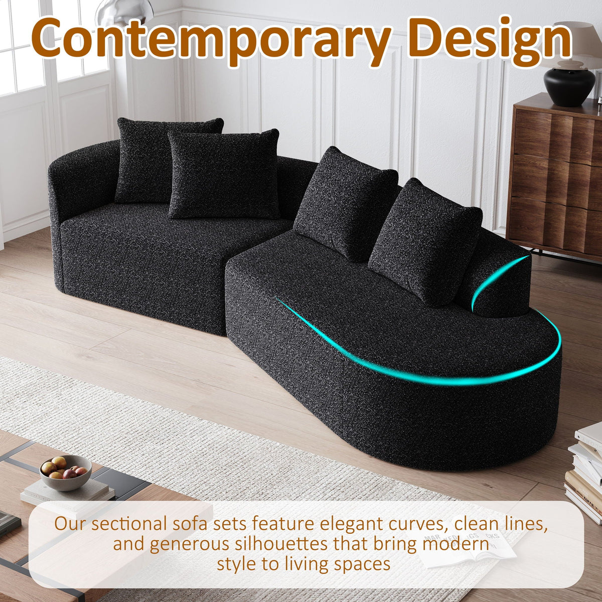 Upholstered Oversized Sectional Sofa, 4 Seater Extra Deep & Wide Curved Cloud Couch With 4 Throw Pillows For Living Room - Black, photo 6 of 23