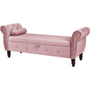 63.38"Velvet Multifunctional Storage Rectangular ottoman bench Comes with crystal buckle Solid Wood Legs with 1 Pillow,Pink