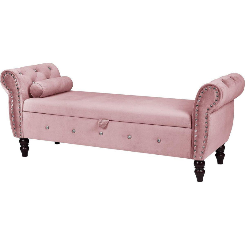 63.38"Velvet Multifunctional Storage Rectangular ottoman bench Comes with crystal buckle Solid Wood Legs with 1 Pillow,Pink