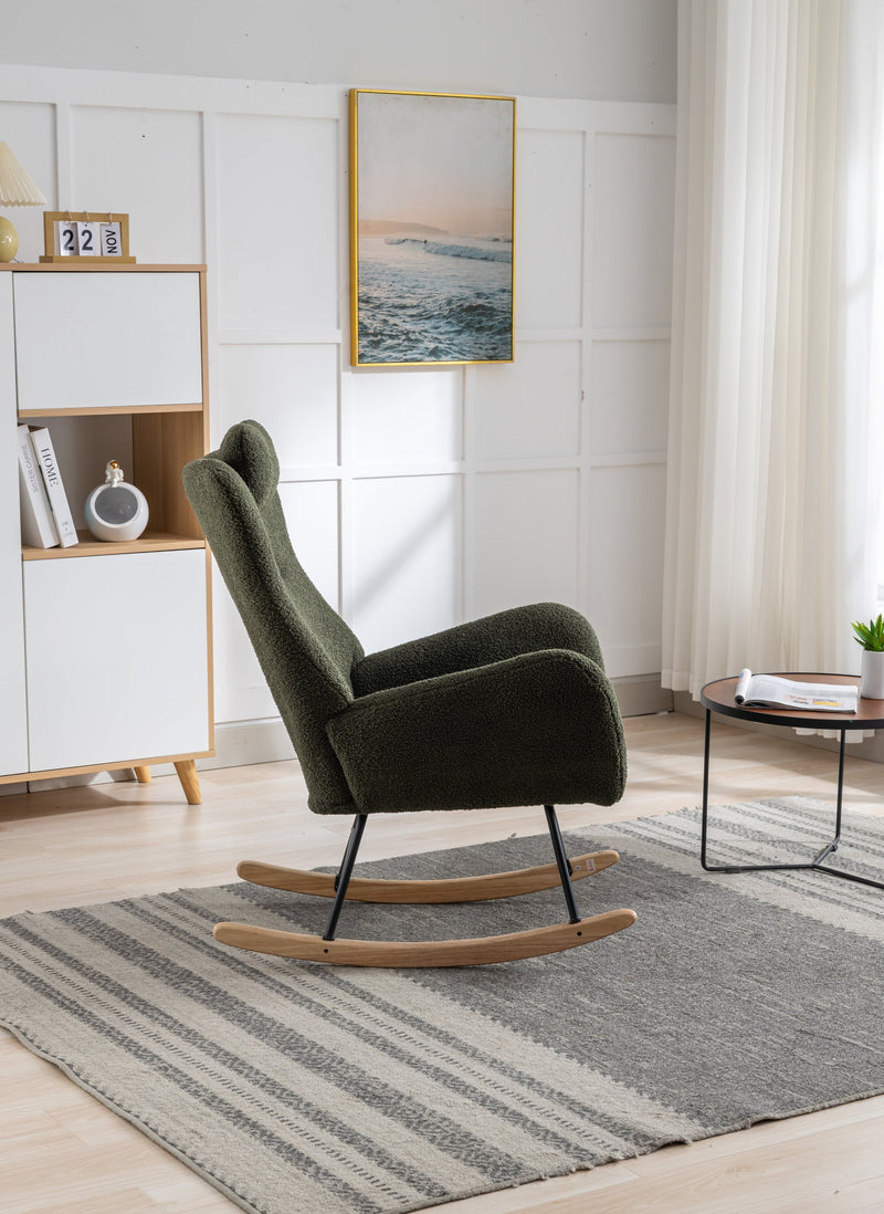 35.5 inch Rocking Chair, Soft Teddy Velvet Fabric Rocking Chair for Nursery, Comfy Wingback Glider Rocker with Safe Solid Wood Base for Living Room Bedroom Balcony (dark green)