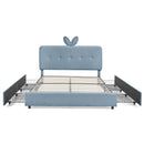 Upholstered Bed With Oversized Rabbit Ear Headboard, LED Lights & 4 Storage Drawers