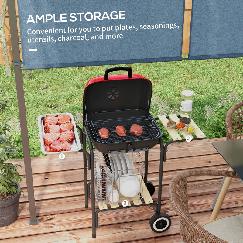17" Portable Charcoal Grill with Wheels, 2 Side Tables and Bottom Shelf, BBQ with Adjustable Vents on Lid for Picnic, Camping, Backyard, Cooking, Red
