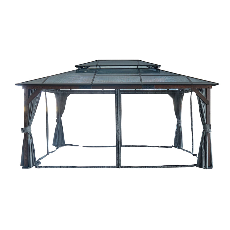 12' x 16' Hardtop Cedar Wood Gazebo for Patios, Outdoor Cedar Framed Gazebo with Double Metal Roof, Solid Wooden Framed Gazebo with Privacy Curtains and Mosquito Nettings for Garden, Backyard