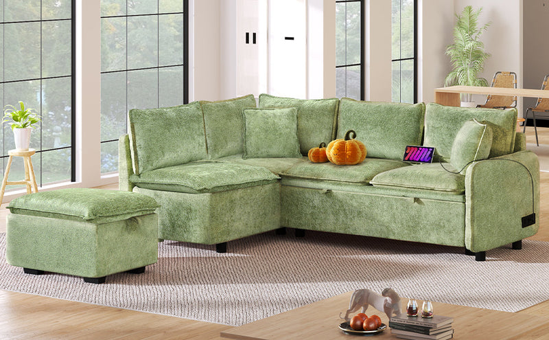 82.67"Convertible Sofa Bed Sectional Sofa Sleeper L-shaped Sofa with a Storage Ottoman,Two Pillows, Two Power Sockets and Two USB Ports for Living Room, Green