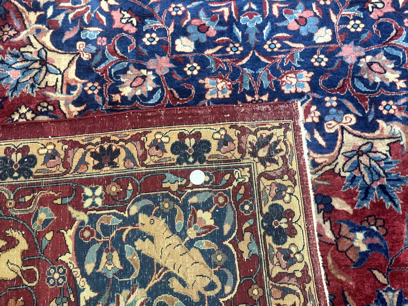 Antique Indo Persian Kerman Rug 9x12 Red Manchester Wool Animal Pictorials, Fine 290 KPSI