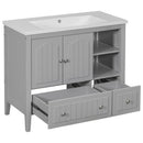 36" Bathroom Vanity with Ceramic Basin, Bathroom Storage Cabinet with Two Doors and Drawers, Solid Frame, Metal Handles, Grey