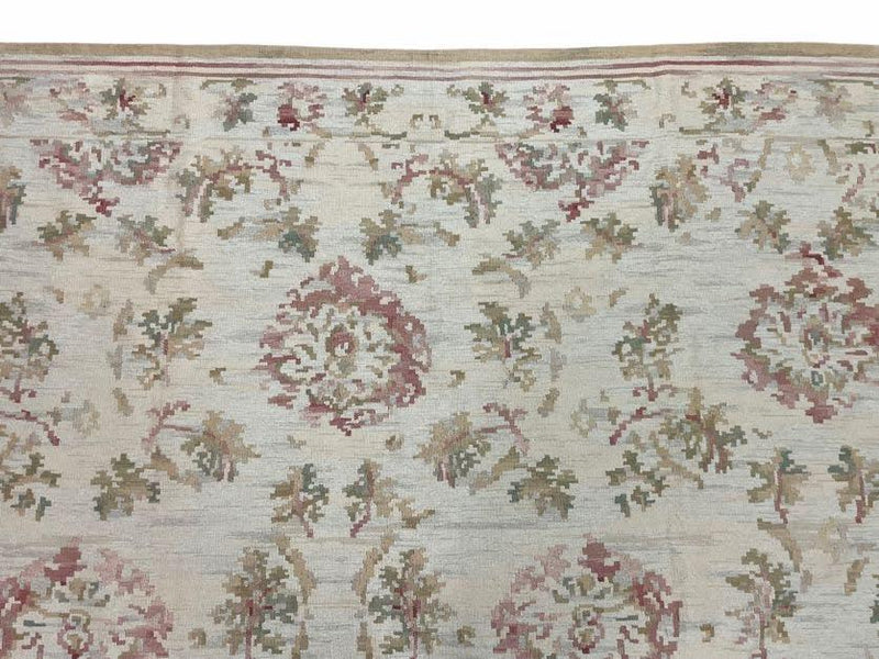 9x12 Flatweave Aubusson Needlepoint Rug, New, Beige, Tan, Green, Handmade, Hand-Knotted Area Rug, French European Carpet, Flowers