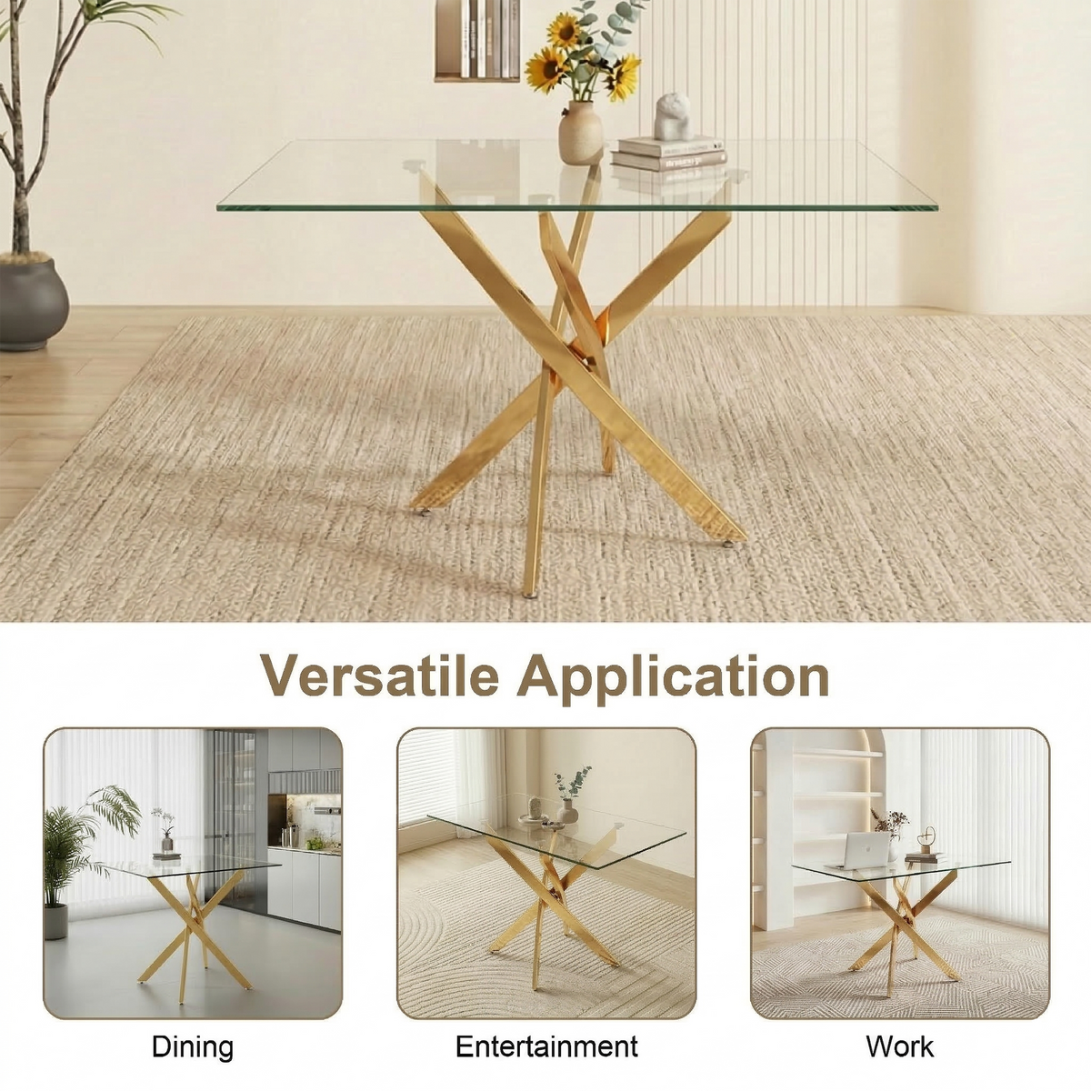 Rectangular Glass Dining Table with Gold-Plated Legs, photo 7 of 10