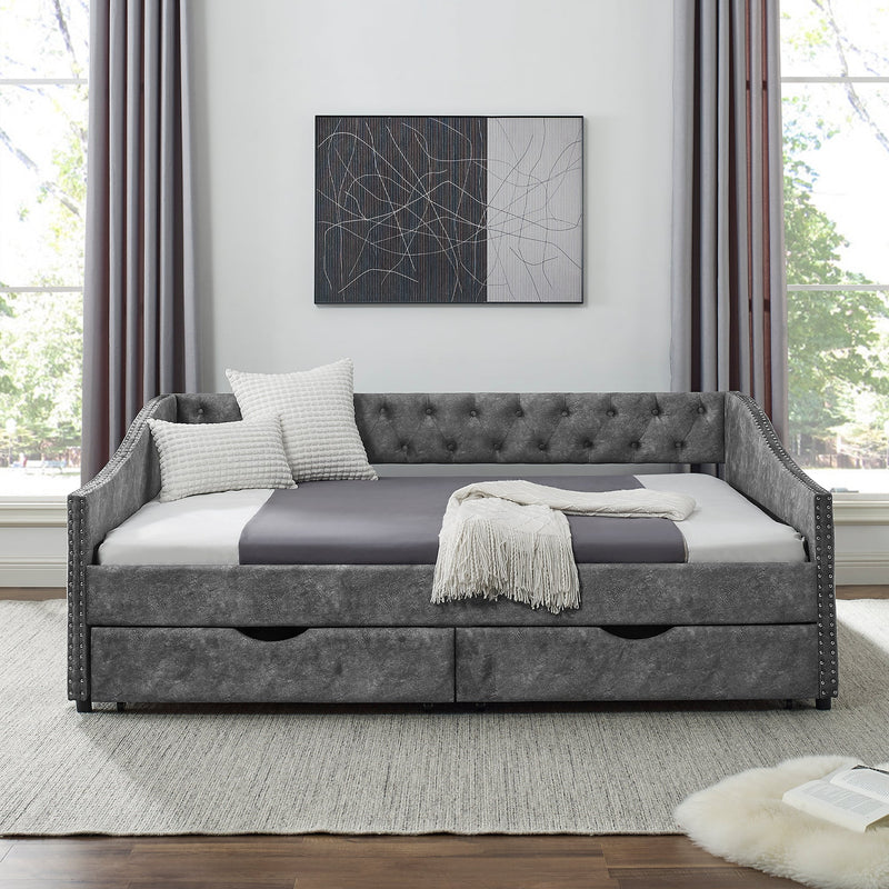 Full Size Daybed with Drawers Upholstered Tufted Sofa Bed, with Button on Back and Copper Nail on Waved Shape Armsrey0.5"55.5"27.5"
