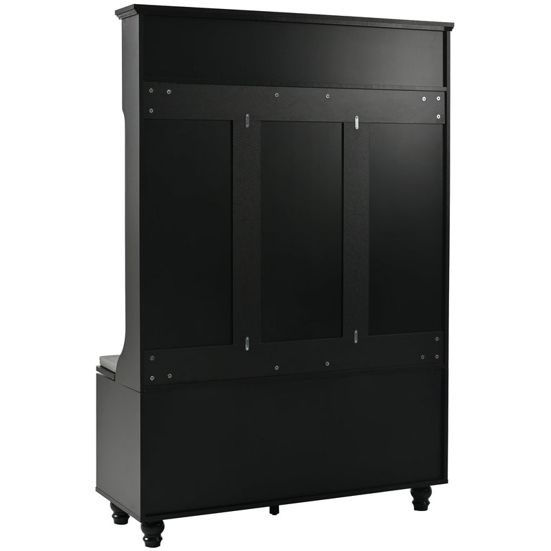 5-in-1 Entryway Bench with Shutter-shaped doors, Coat Rack, Cushion and 4 Sturdy Hooks, 47.2" Wide Hall Tree with Storage Bench for Hallway, Entryway, Living Room