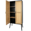 59" Tall Rustic Farmhouse Storage Cabinet with Shelf Wide Countertop Wooden Bedroom Living Room Kitchen Furniture with Rattan Design Nature Color