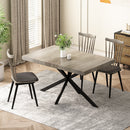 55.11" -70.86"Retro Rectangular Stretch Dining Table, Grey Carole Top With Black Embossed Center Plate, Black Fine Sand Cross Iron Foot Base Dining Table, With Storage Box.