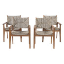 5-Piece Outdoor Dining Set: Brown Round Acacia Wood Table & 4 Brown Wicker Armchairs