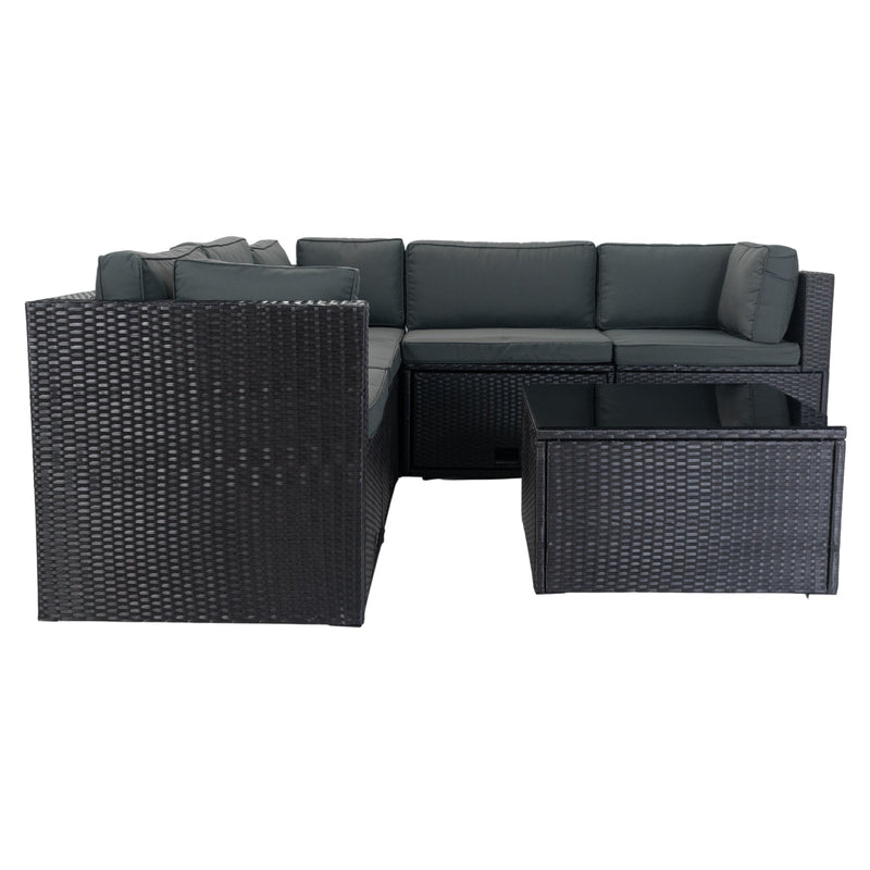6 Pieces PE Rattan sectional Outdoor Furniture Cushioned Sofa Set with 3 Storage Under Seat Black Wicker + Dark Grey Cushion