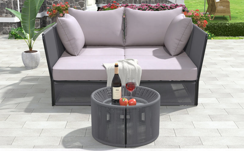 2-Piece Outdoor Sunbed and Coffee Table Set, Patio Double Chaise Lounger Loveseat Daybed with Clear Tempered Glass Table for the patio, poolside (Grey Cushion + Dark Grey Rope)