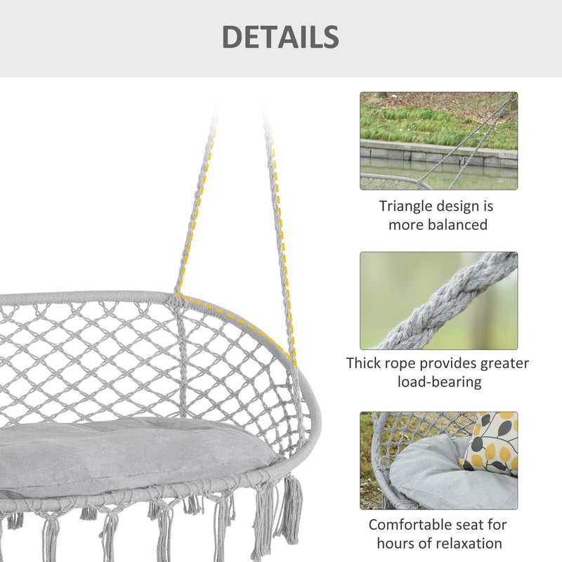 2-Person Hammock Chair Macrame Swing with Soft Cushion, Hanging Cotton Rope Chair for Indoor Outdoor Home Patio Backyard, Grey