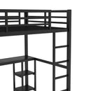 Full Size Loft Bed Frame with Built-in Wardrobe, Metal Loft Bed with Desk and Storage Shelves