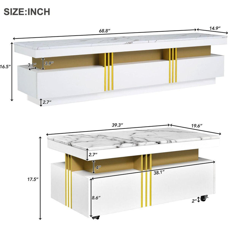 Modern Luxury TV Stand and Coffee Table Set of 2, High Gloss Faux Marble Top, TV Stand for TVs Up to 78", Rectangle Coffee Table with Caster Wheels for Living Room, White