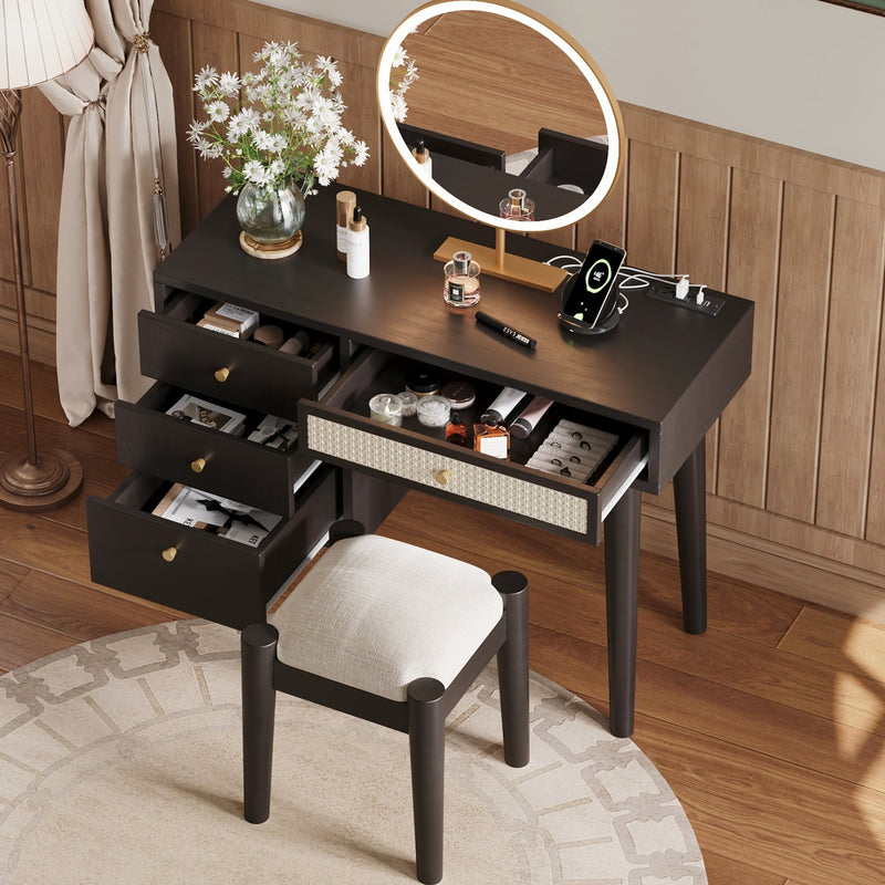 Walker Edison - 39" Retro Bohemian Style Wooden Makeup Vanity Set with Charging Plug&USB Port and Stool, Dressing Table with 3 Storage Drawers and 1 Rectangular Rattan Drawer, Black