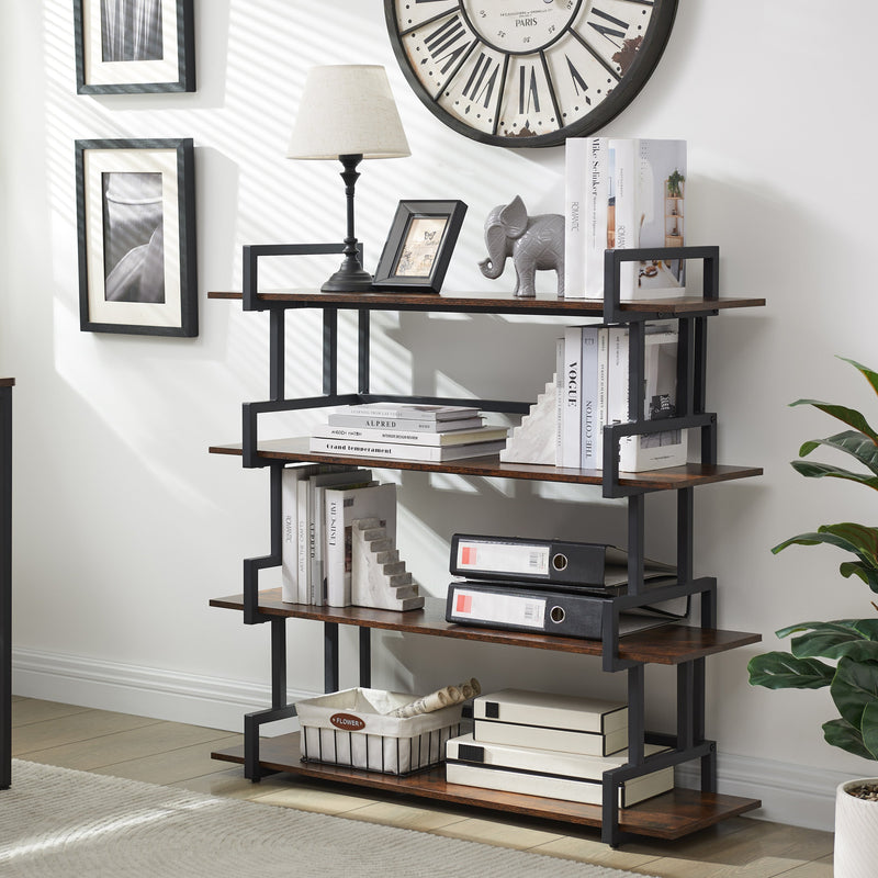 4 Tier Office Bookcase Shelf Rustic Wood Metal Bookshelves Freestanding Open Book Shelf, Industrial Tall Corner Bookcase Easy to Assemble for Home Office, Living Room and Bedroom