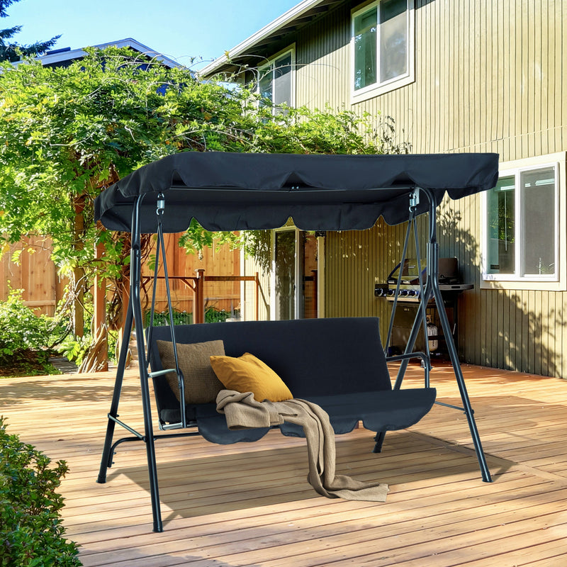 3-Seat Outdoor Patio Swing Chair with Removable Cushion, Steel Frame Stand and Adjustable Tilt Canopy for Patio, Garden, Poolside, Balcony, Backyard, Black