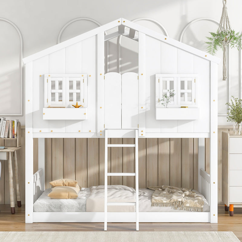 Twin over Twin House Bunk Bed with Roof, Window, Window Box, Door, with Safety Guardrails and Ladder, White