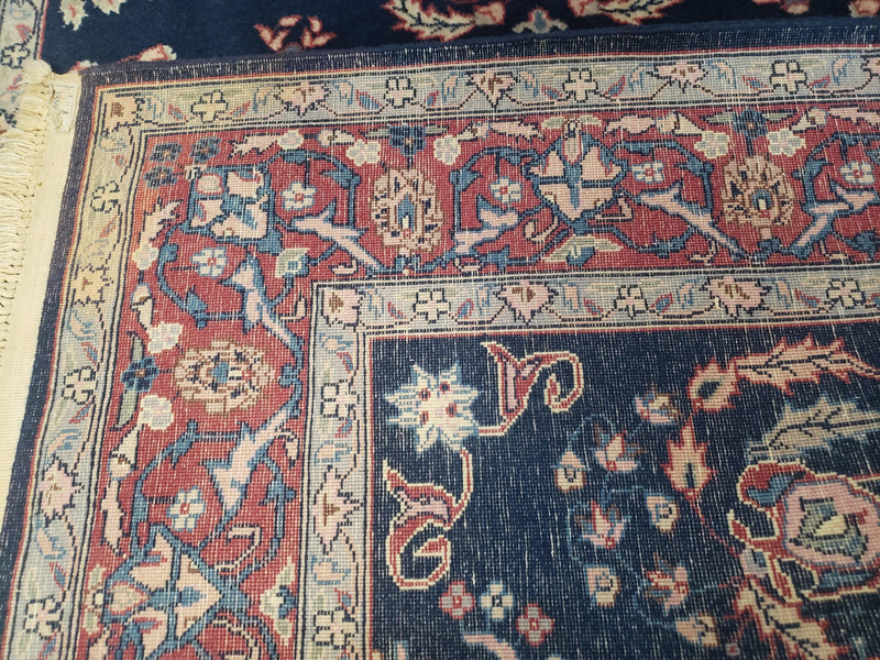 Dark Blue Indo Persian Rug 4x6, Medium Size Hand Knotted Oriental Carpet, Traditional Floral Indian Rug, Blue and Red Entryway Rug, Wool Rug