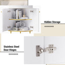 74.8" Tall Modern Corner Bookshelf,Fan-Shaped bookcase with 1 Drawer and 2 Doors, Wooden Standing Corner Shelf with Gold Metal Frame for Living Room,Home Office,White