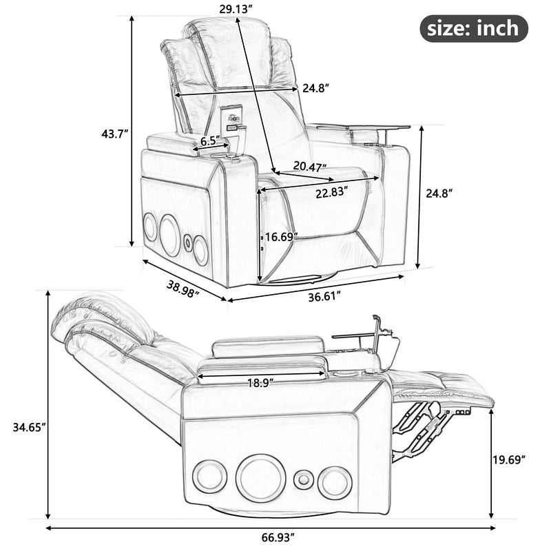 270 Degree Swivel PU Leather Power Recliner Individual Seat Home Theater Recliner with Surround Sound, Cup Holder, Removable Tray Table, Hidden Arm Storage for Living Room, Grey