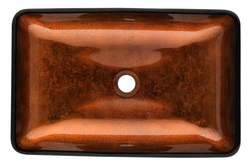 22.5" L -L -14.5" W -4 1/2 in. Handmade Glass Rectangle Vessel Bathroom Sink Set in Rich Chocolate Brown Finish with gold Faucet and gold Pop Up Drain