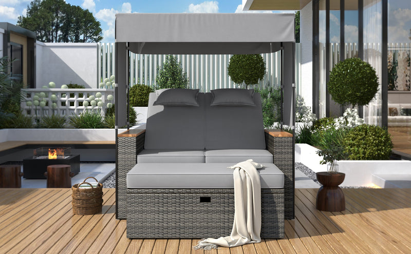 Walker Edison - 2-Piece Rattan Outdoor Patio Bench Lounge Roof Set, Effective UV Protection Fabric & Waterproof Cushions and Adjustable Backrest for Garden, Backyard and Porch (Grey Wicker + Grey Fabric)