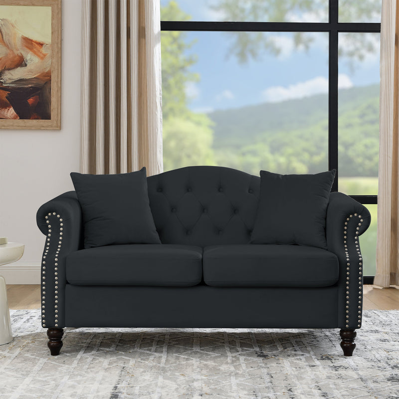 79" Chesterfield Sofa Black Velvet for Living Room, 3 Seater Sofa Tufted Couch with Rolled Arms and Nailhead for Living Room, Bedroom, Office, Apartment, 3S+2S