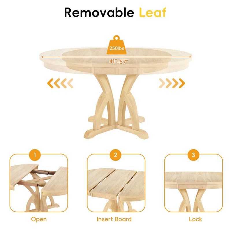 5-Piece Farmhouse Round Pedestal Extending Dining Table Set Extendable Kitchen Table Set with 15.8" Removable Leaf and Ladder Back Dining Chairs for Small Places, Natural