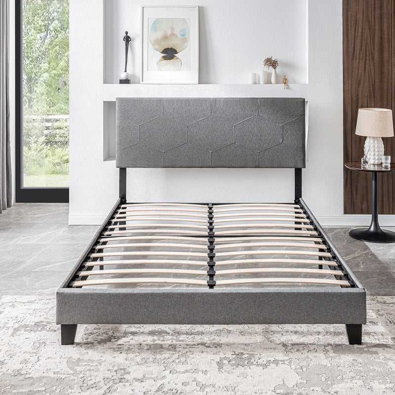 Queen Size Upholstered Platform Bed Frame, Wood Slat Support, Easy Assembly,Grey