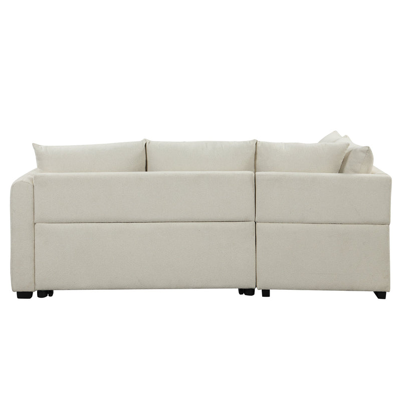 82.6" L-shaped Sectional Pull Out Sofa Bed Sleeper Sofa with Two USB Ports, Two Power Sockets and a Movable Storage Ottoman, Beige