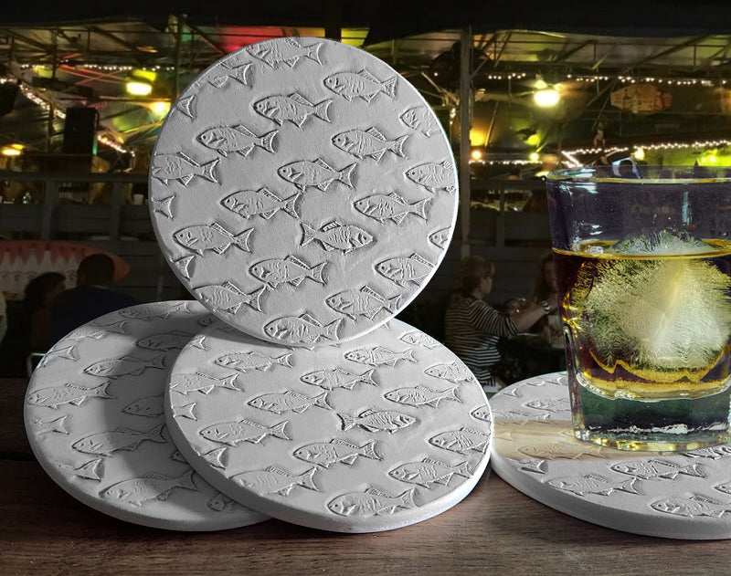 Fish School Drink Coasters, installed in a room